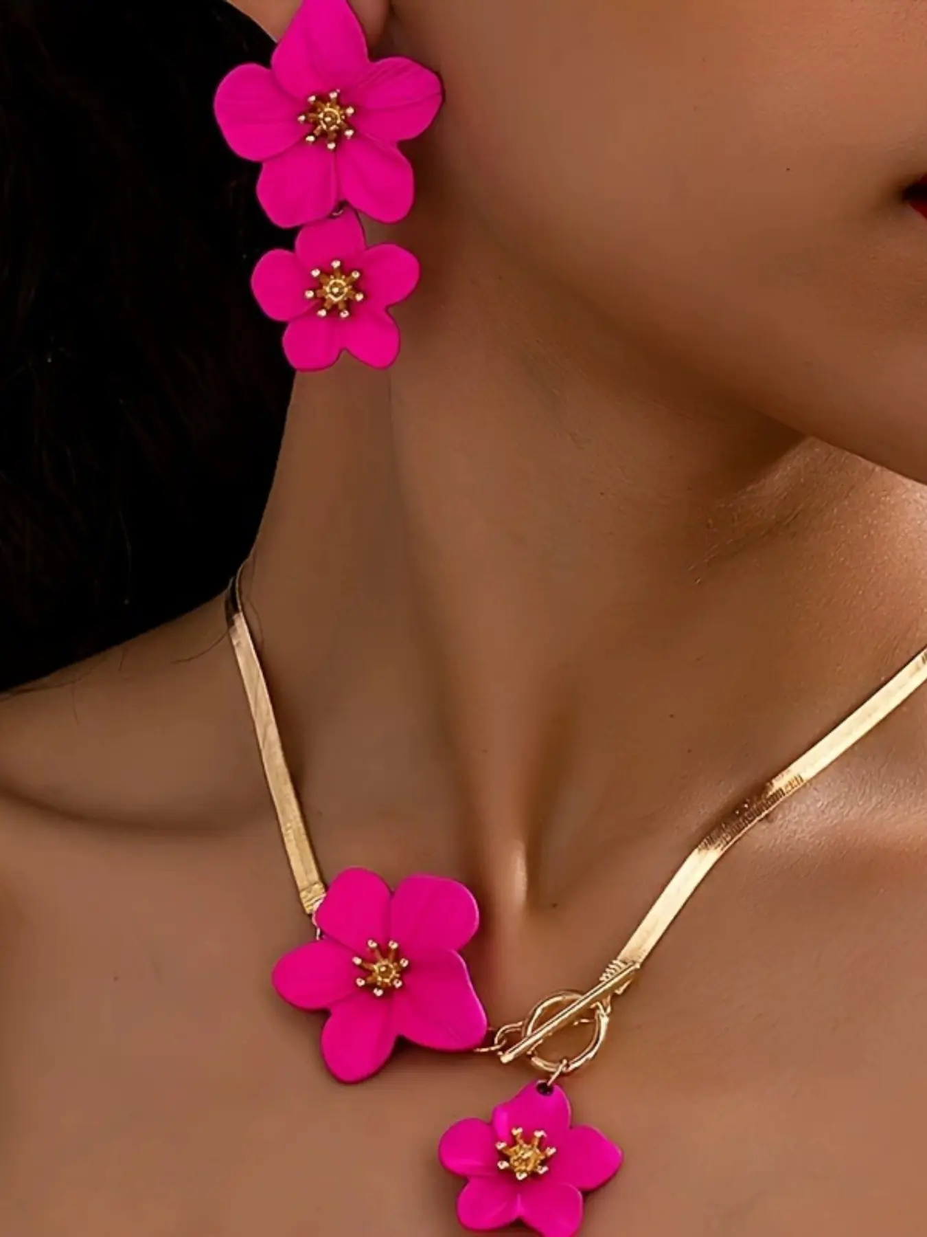 Elegant Girl`s Floral Pendant Necklace Earrings Set, Golden Snake Chain Short Five-Petal Flowers Collar Necklace, Beautiful Jewelry Gift Idea for Her