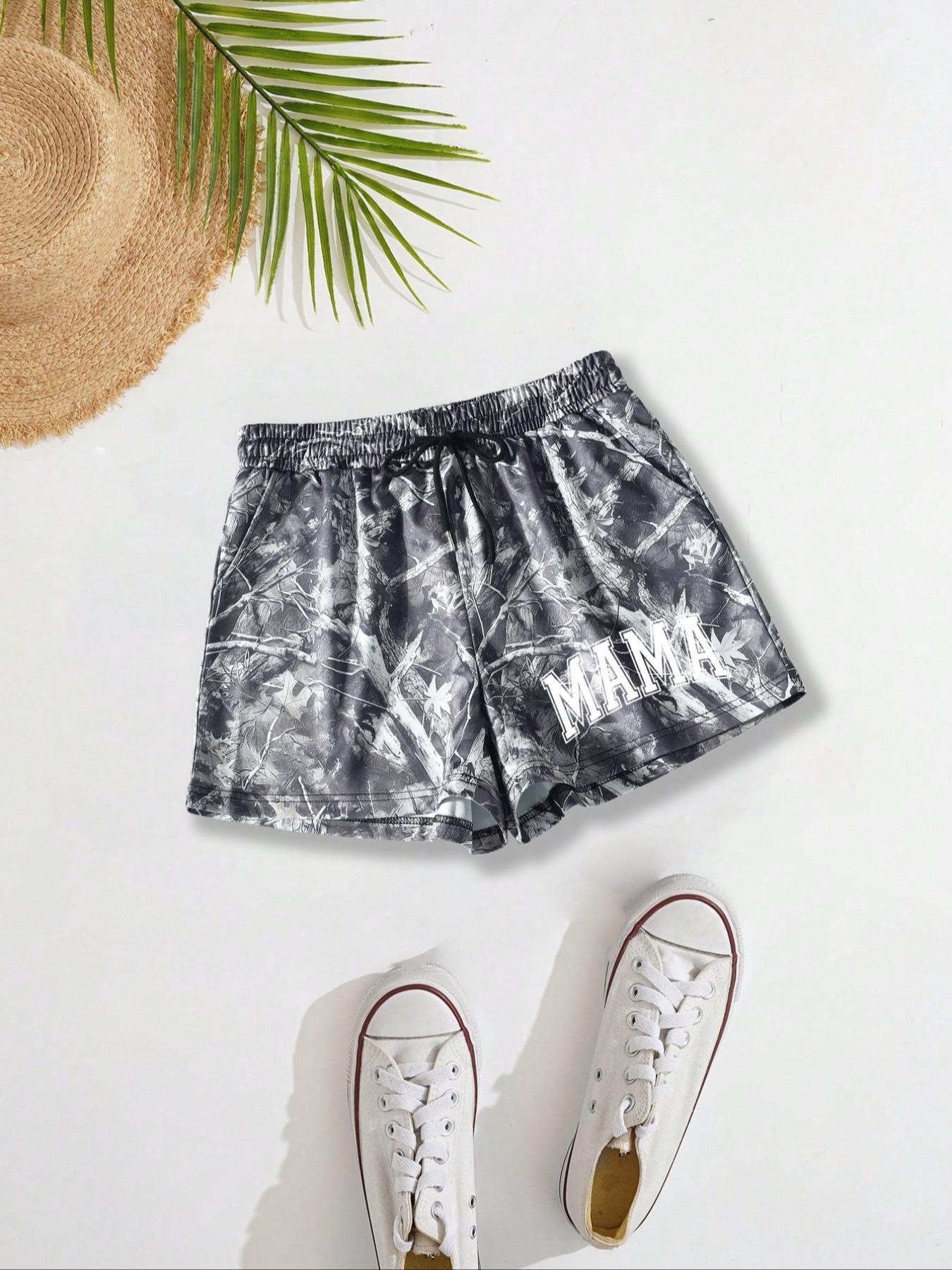 Women's Letter Print Adjustable Drawstring Waist Shorts, Casual Loose Shorts, Casual Elastic Waist Pocket Shorts for Summer, Ladies Bottoms for Daily Wear, Womenswear