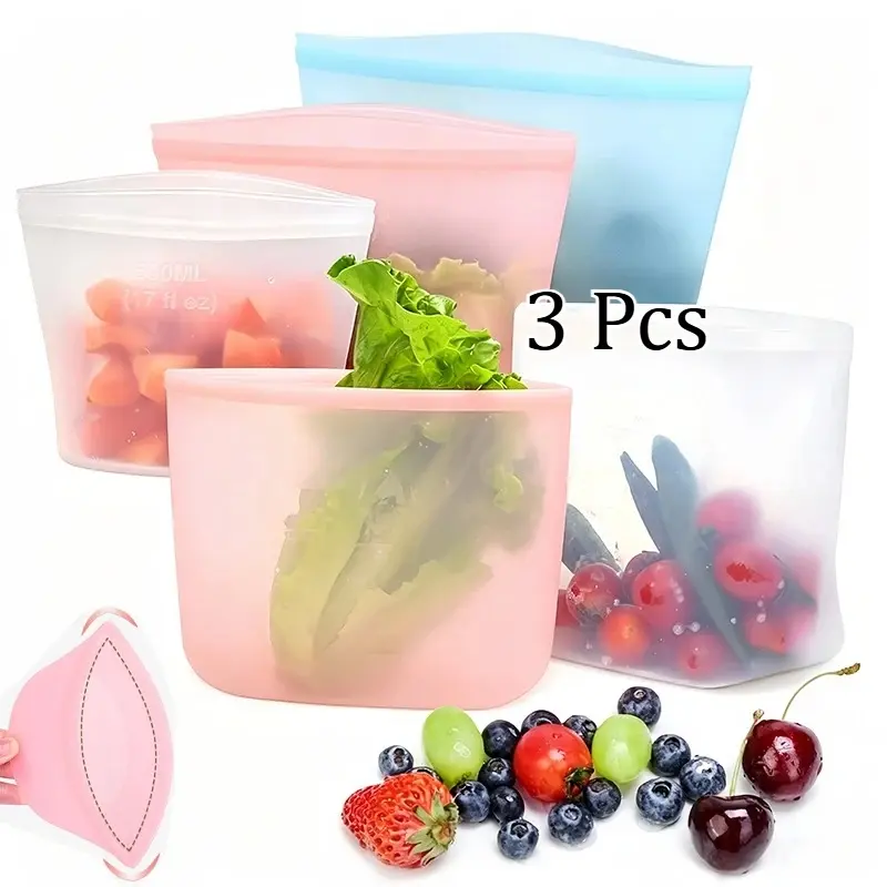 3-Pack Reusable Silicone Food Storage Bags, Leak-Proof Stand-Up Freezer Bags, Microwave & Dishwasher Safe, for Meal Prep and Snacks