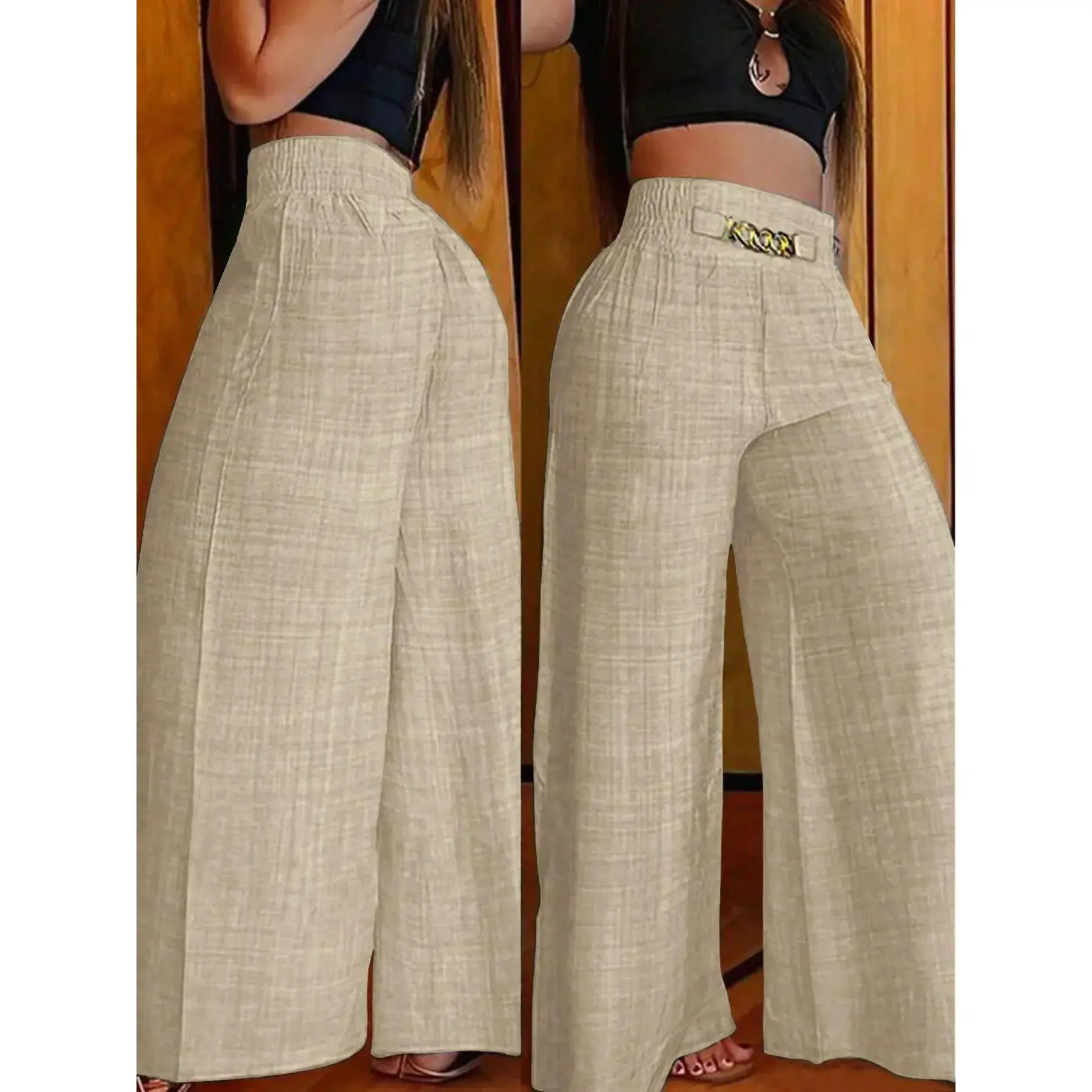 Women's Solid Color High-Waisted Comfy Broad-Leg Pants - Stretchable Business Casual Work Fashion Bottoms for Daily & Office Occasions, Comfy Pants