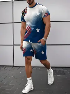 Men's American Flag Pattern Sports Set, Short Sleeve Shorts Casual Fitness Wear, Summer Breathable Trendy, Comfortable