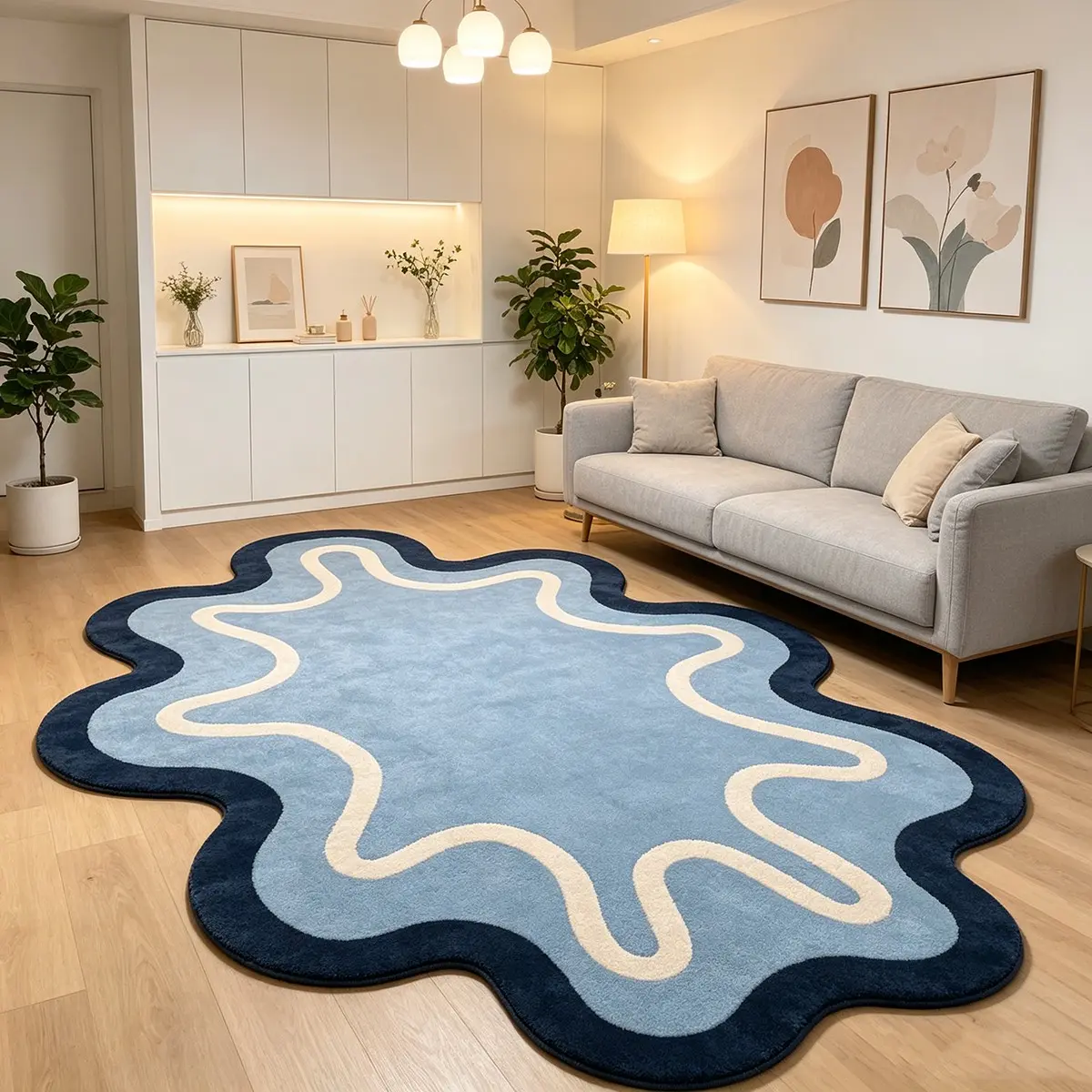 Abstract Wave Edge Rug, Deep Blue and Lines, Thin Velvet Non-Slip, Modern Living Room Carpet, Home Decor