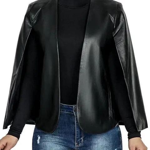 Women’s Solid-Color PU Leather Cape Blazer with Pockets, Open-Front Design and Split Cape Sleeves, Casual Outerwear for Fall and Winter, Womenswear