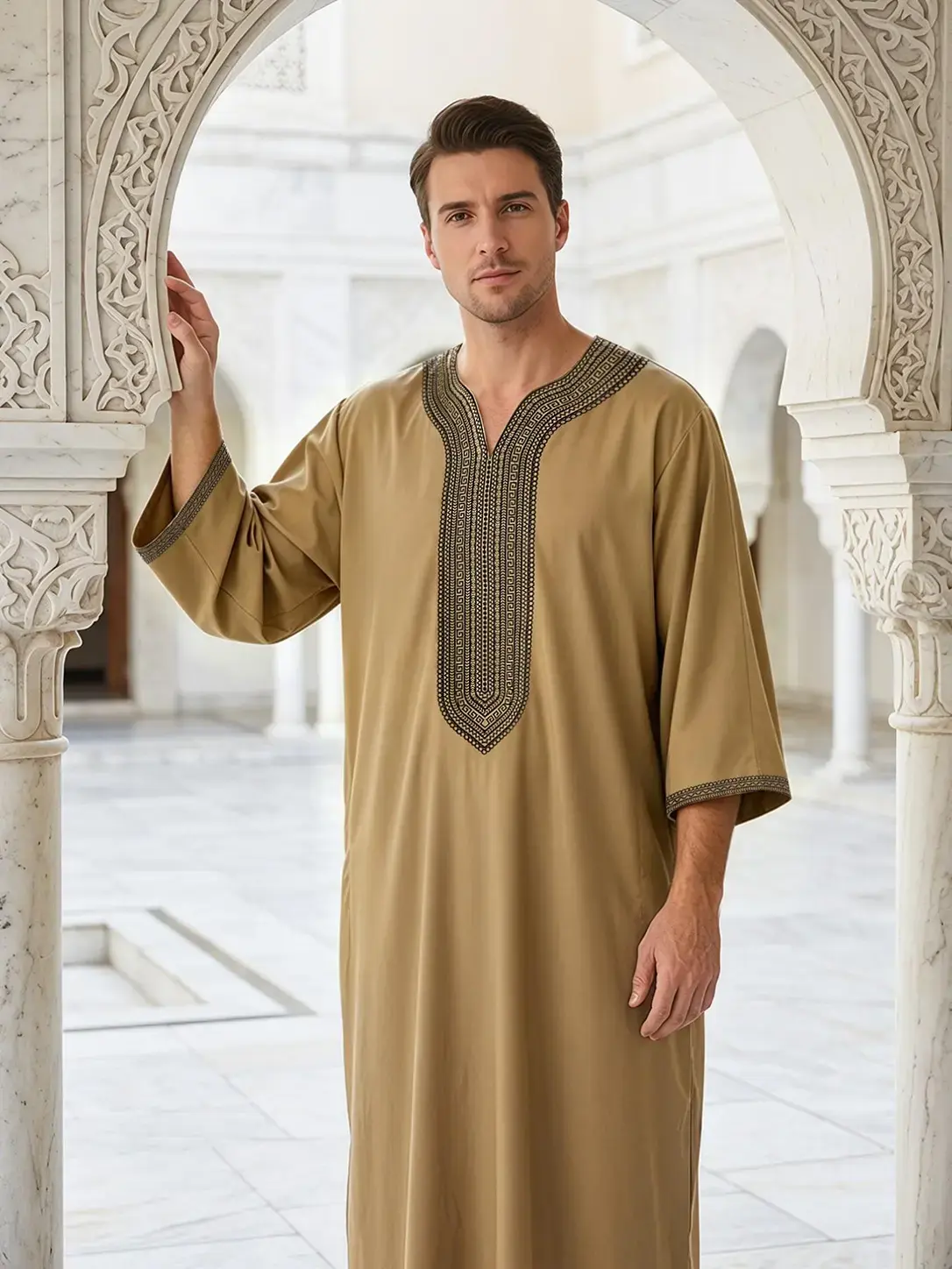 Moroccan Traditional Men's V-Neck Embroidered Long Robe Jubbah, Traditional Arabic Robe, Islamic Thobe, Muslim Thobe, Moroccan Thobe, Loose-Fitting 3/4 Sleeve, Wedding Festival Wear, Gift Idea