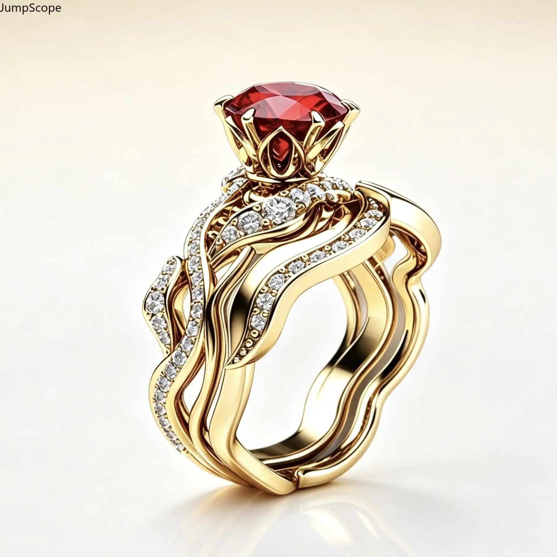 Romantic Fluid Twisted Wave Red Floral CZ Minimalist Chic Statement Engagement Ring, Ideal For Daily Commute Date Proposal Wedding Portrait Photoshoot & Elegant Romantic Sentimental Gifts for Her Bride Girlfriend