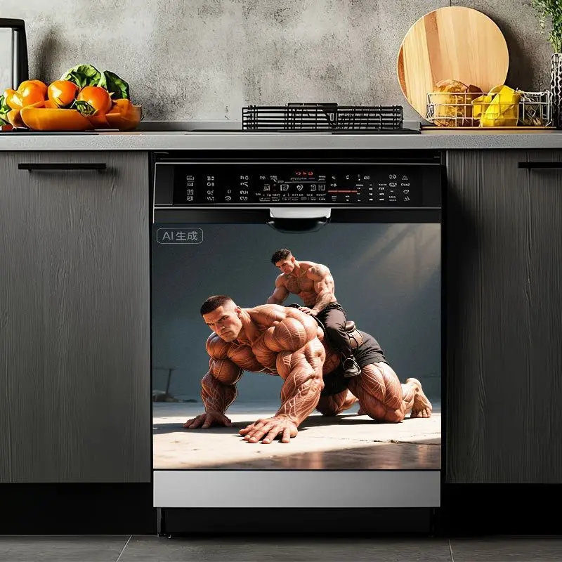 2D Flat 2Pcs Bodybuilder Muscular Design Dishwasher Sticker, Fitness Gym Decor Vinyl Appliance Cover for Kitchen, Waterproof Removable Machine, Durable Decoration Washing Refrigerator Cabinet Home