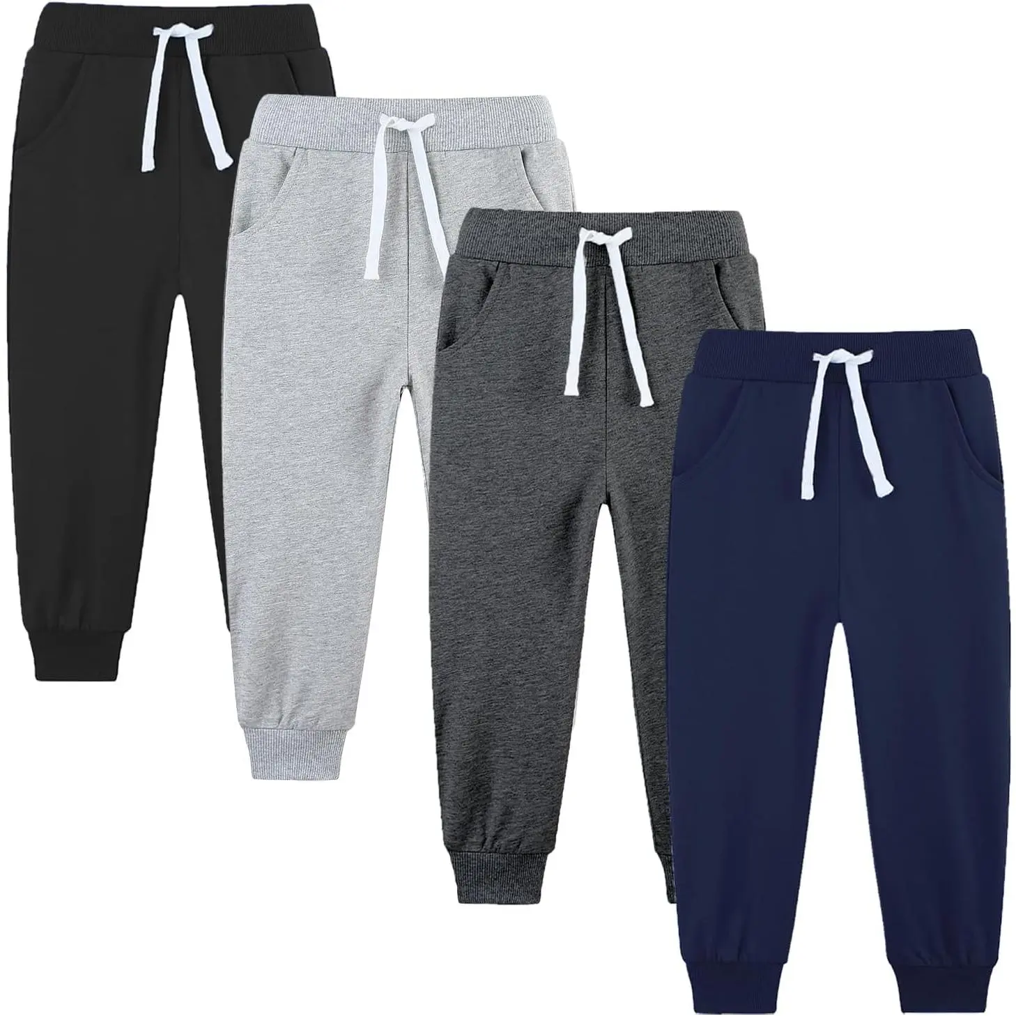 4 Pack Toddler and Kids Boys Sweatpants Joggers Cotton Active Soft Joggers Pants with Functional Drawstring 2-14Y