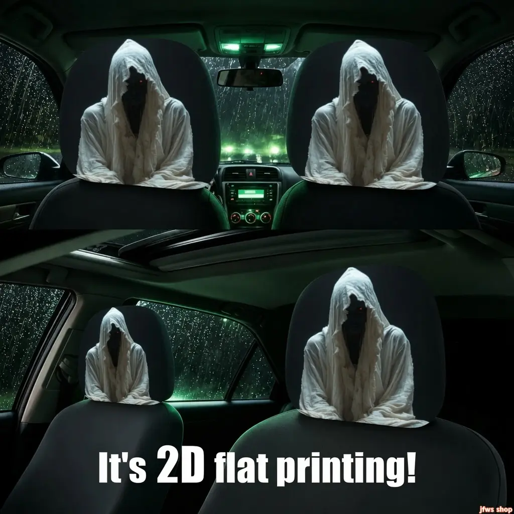 2026 New Unisex Double-Sided Print Car Headrest Cover with Ghost & Skull Pattern for Halloween Horror Decor Full Coverage Universal Fit Easy Installation Lightweight Soft Breathable Fabric Car Interior Accessory UK Design homedecor
