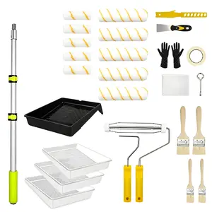 27PCS Paint Roller Kit with 2-4FT Extendable Aluminum Pole – Yellow Polyester 9" & 4" Rollers – Complete Painting Tool Set for Indoor & Outdoor DIY or Professional Use – Durable Construction – Easy Application