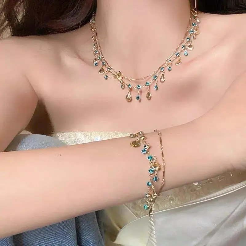 Female Fashion Double-Layer Mermaid Aesthetic Beach Necklace - Blue Diamond Shell Gold Nautical Charm Set, Sky Blue Rhinestone Tassel Clavicle Chain, Luggage & Bag Accessory