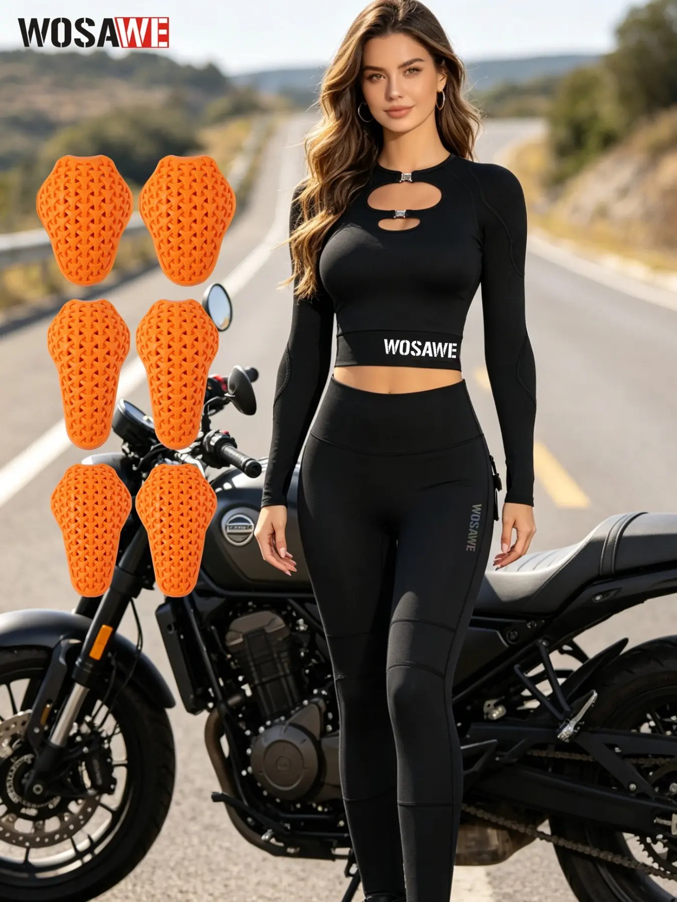 WOSAWE Women's Moto Riding Set - Yoga Fabric Cropped Top & High-Waisted Slim Pants with Detachable Pads & Reflective Details Athletic Set Athletic Sports Clothing