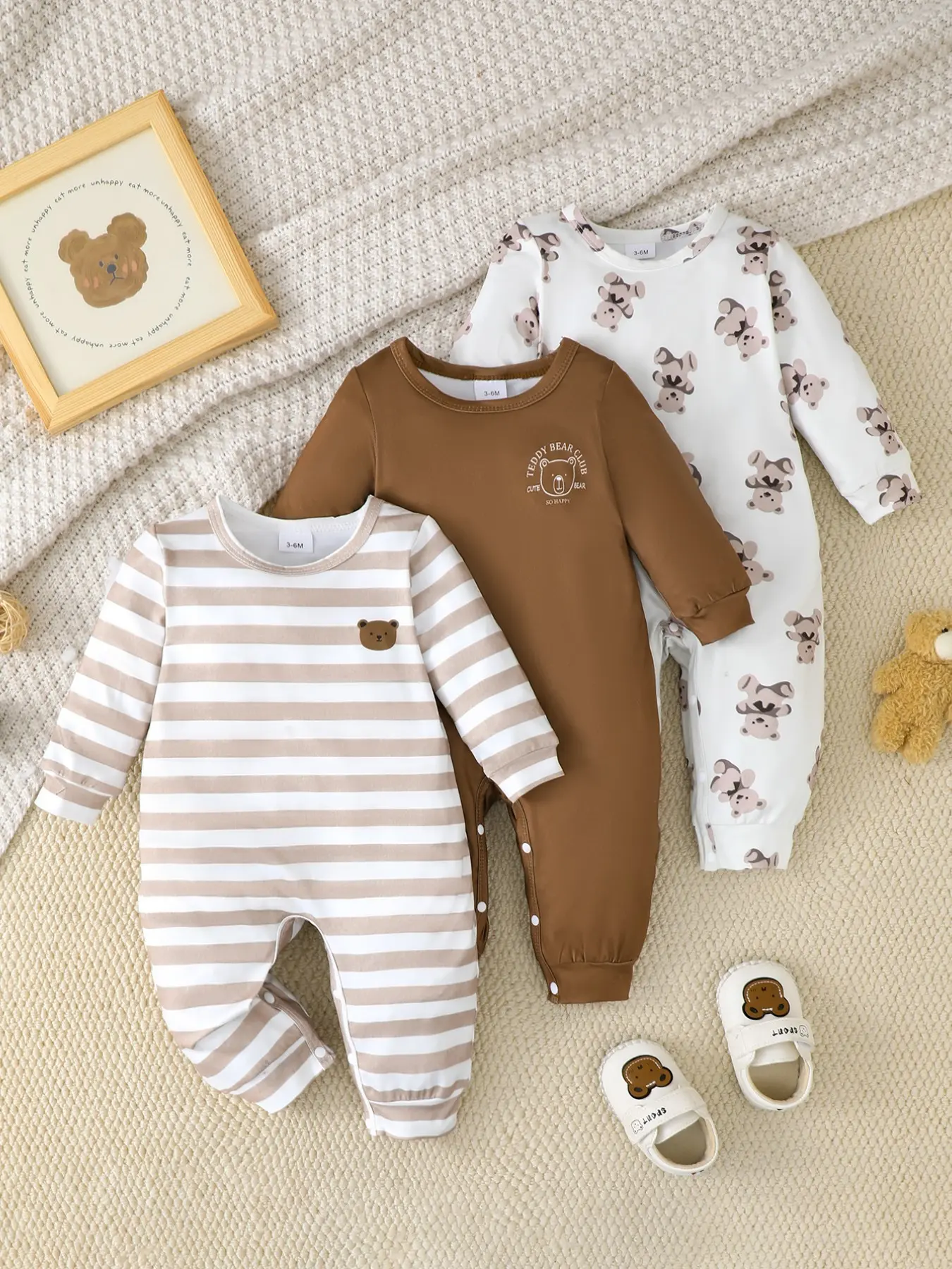 Baby Boys Jumpsuit 3-Piece Set, Cartoon Bear & Striped Pattern, Long Sleeve Multi-Color, Spring Fall Daily Wear, Outdoor Play