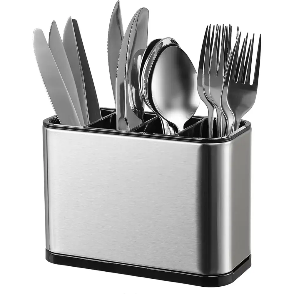 Utensil Holder, Silverware Organizer Caddy for Countertop Kitchen with 4 Compartments, Flatware Spoon Fork Tool Cutlery Holder Utensil Crock with Drain Tray for Counter Party Office, Silvery