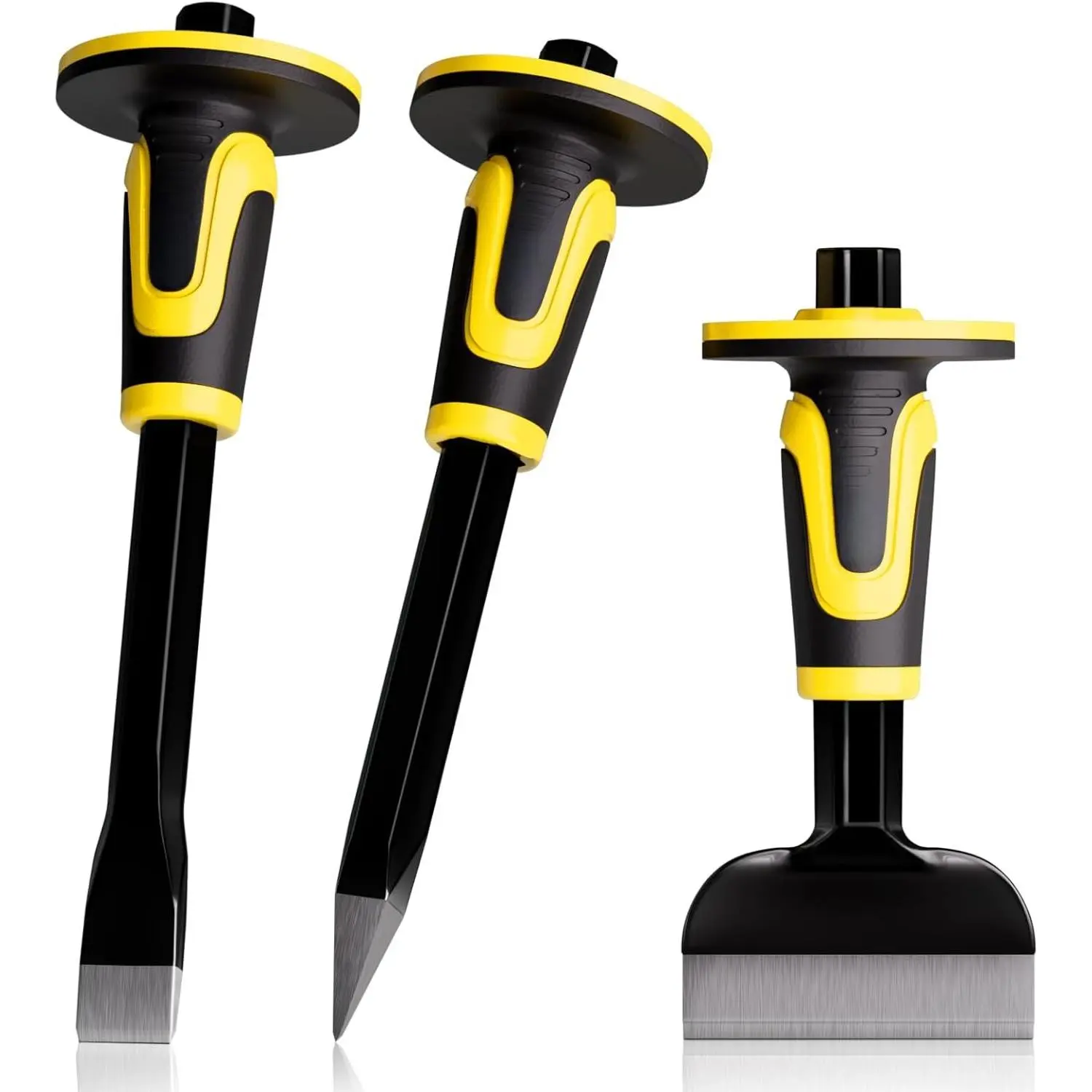 3 count Masonry Chisel Set with Hand Guard, Stone and Rock Chisel | Heavy Duty Concrete Chisel Tools, Including 11 Inch Point & Flat Chisel, 8 Inch Brick Chisels for Breaking Splitting