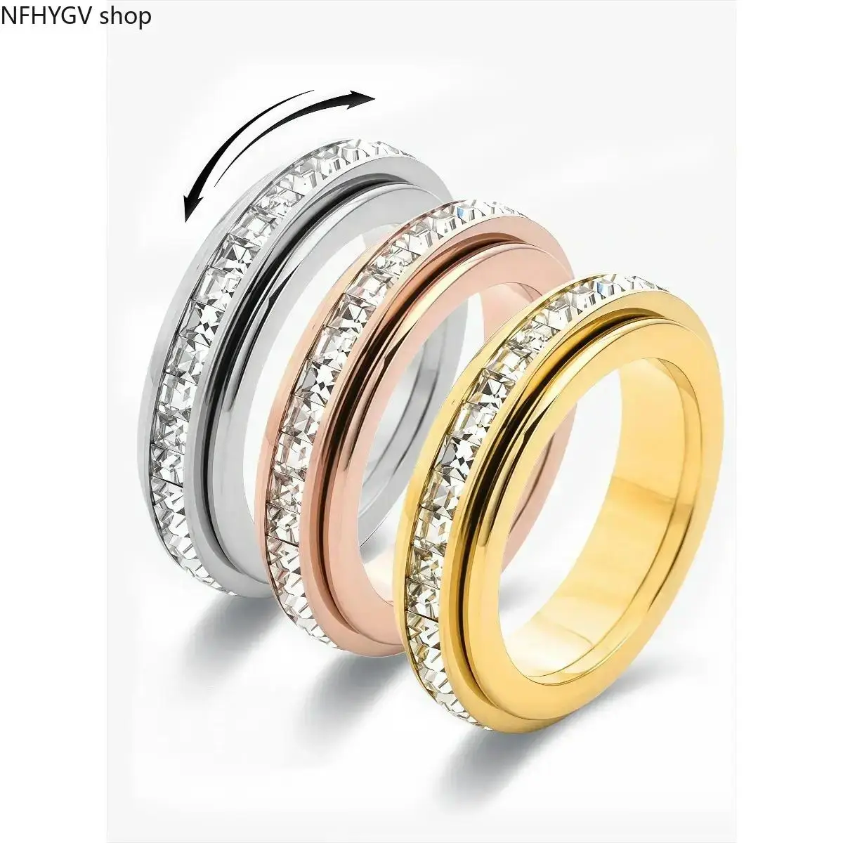 Women 3-Pack Geometric Cubic Zirconia Spinner Fidget Rings, Kinetic Stress & Anxiety Relief Finger Jewelry, Statement Hand Ornament For Ladies Daily Casual Styling Use