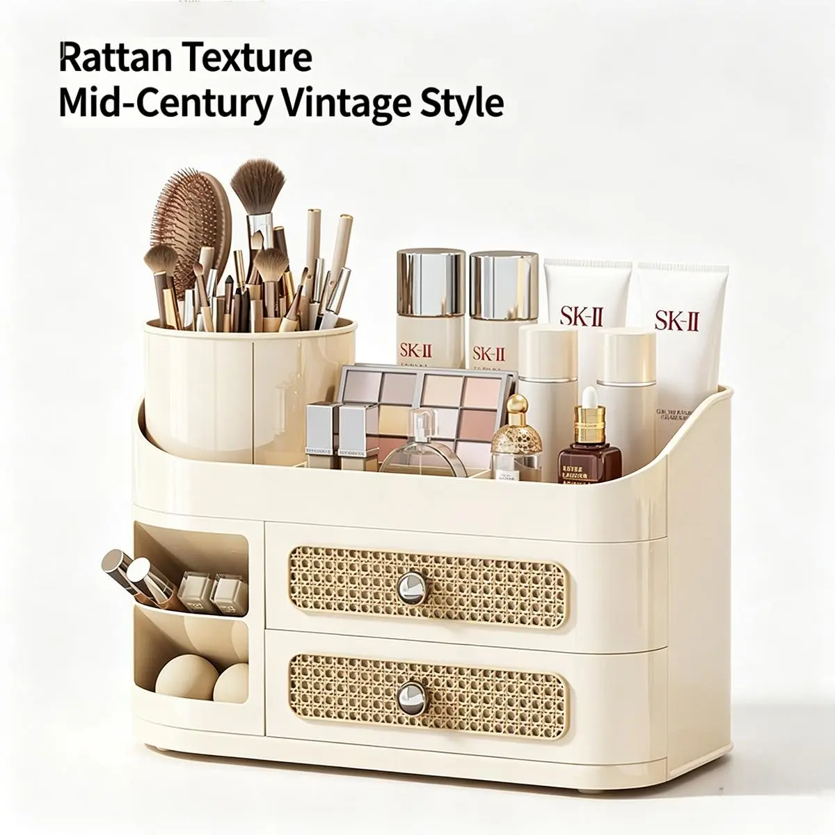 Woven Texture Rattan Panel Cosmetic Storage Box - Vintage Light Luxury White Rattan Organizer with Drawers, Multi-Compartment Retro Vanity Caddy, 360° Rotatable Detachable Brush Cup, Rotating Cup for Desktop Shelf Home Accessory Gift