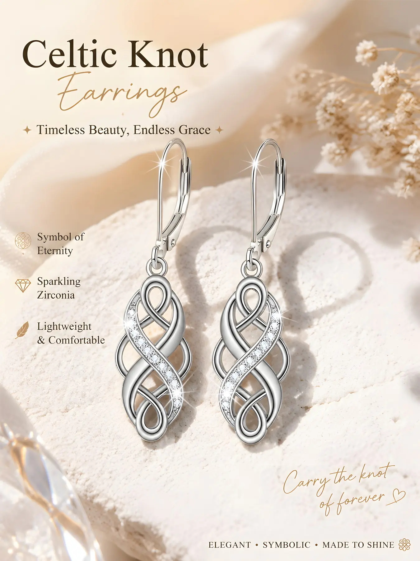 Elegant S925 Silver Celtic Knot Dangle Earrings, Zircon Embedded, Hypoallergenic, Fashionable, Perfect for Daily Wear, Gift Idea