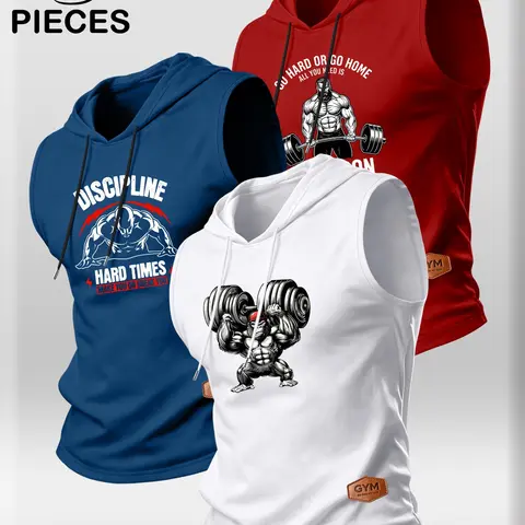 【Black Friday】Men's 3-Piece American Retro-Style Hooded Tank Top Set, Sleeveless Athletic Workout Top with Graphic Prints for Daily Wear, Training, and Outdoor Running