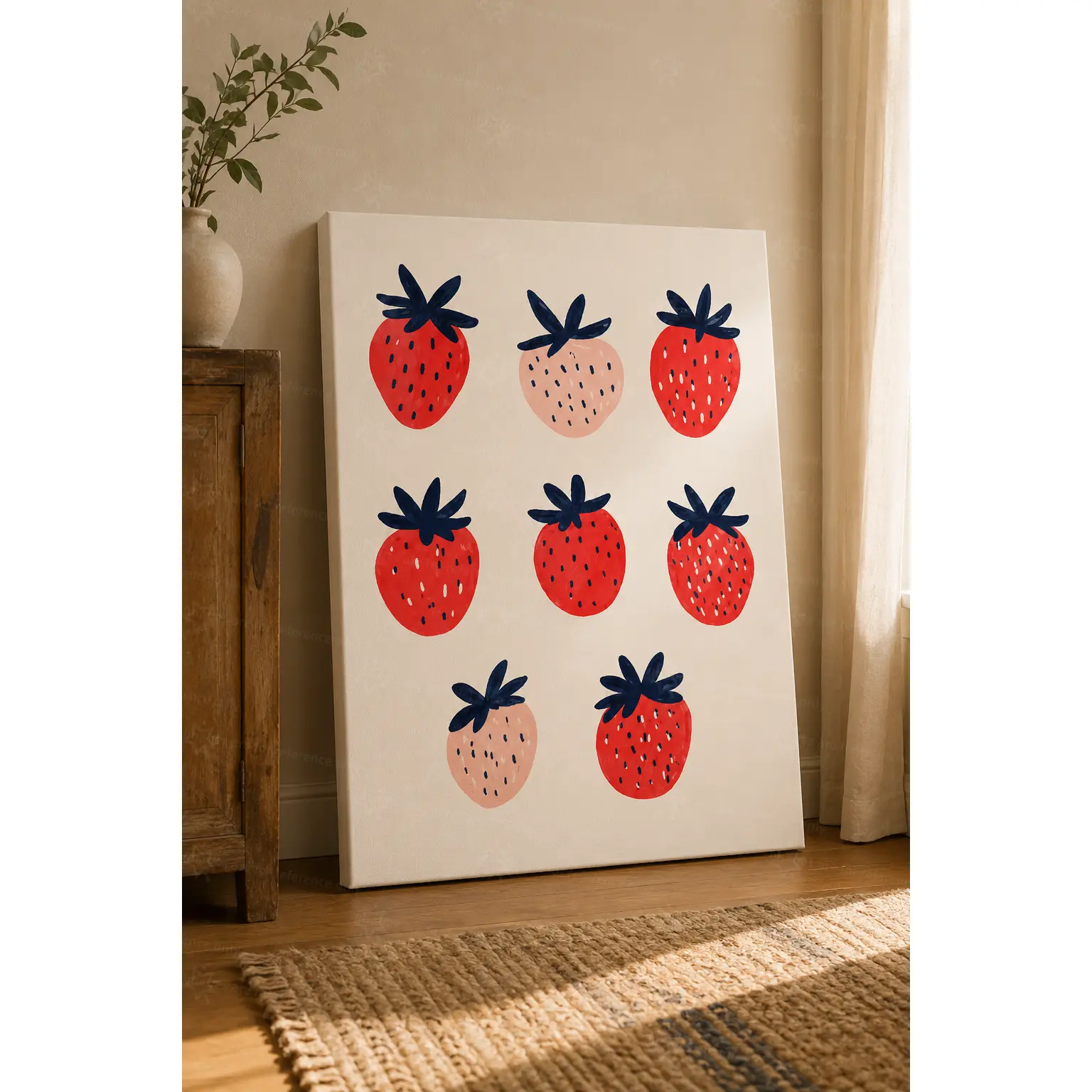 Minimalist Strawberry Canvas Art, Red Pink Fruit Illustration for Kitchen Dining Room Nursery Bedroom, Farmhouse wall decor, Cute Summer poster, Botanical posters, Unframed Canvas Poster or Framed Canvas Wrap