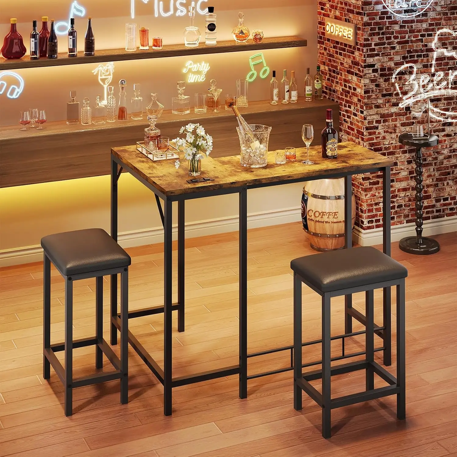 Bar Table and Chairs Set, 63'' L-Shaped Bar Table with 2 Stools, Counter Height Kitchen Table with Built-in Power Outlets, Left/Right/Straight Convertible Design, Faux Leather Upholstered Seating
