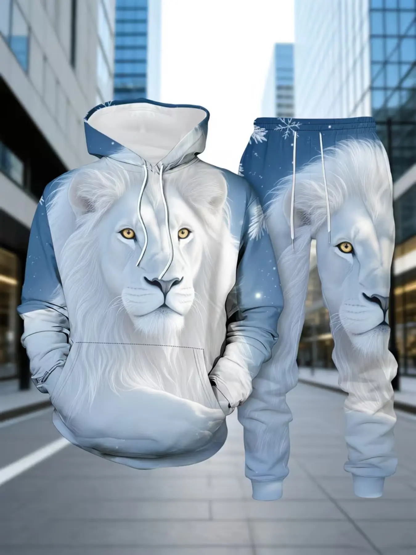 Two-Piece Set Heavy-Duty Snowy Lion 3D Full Print Hoodie, High-Definition Digital Printing, Soft Breathable Fabric, Loose Fit Casual, Sweatsuit Set