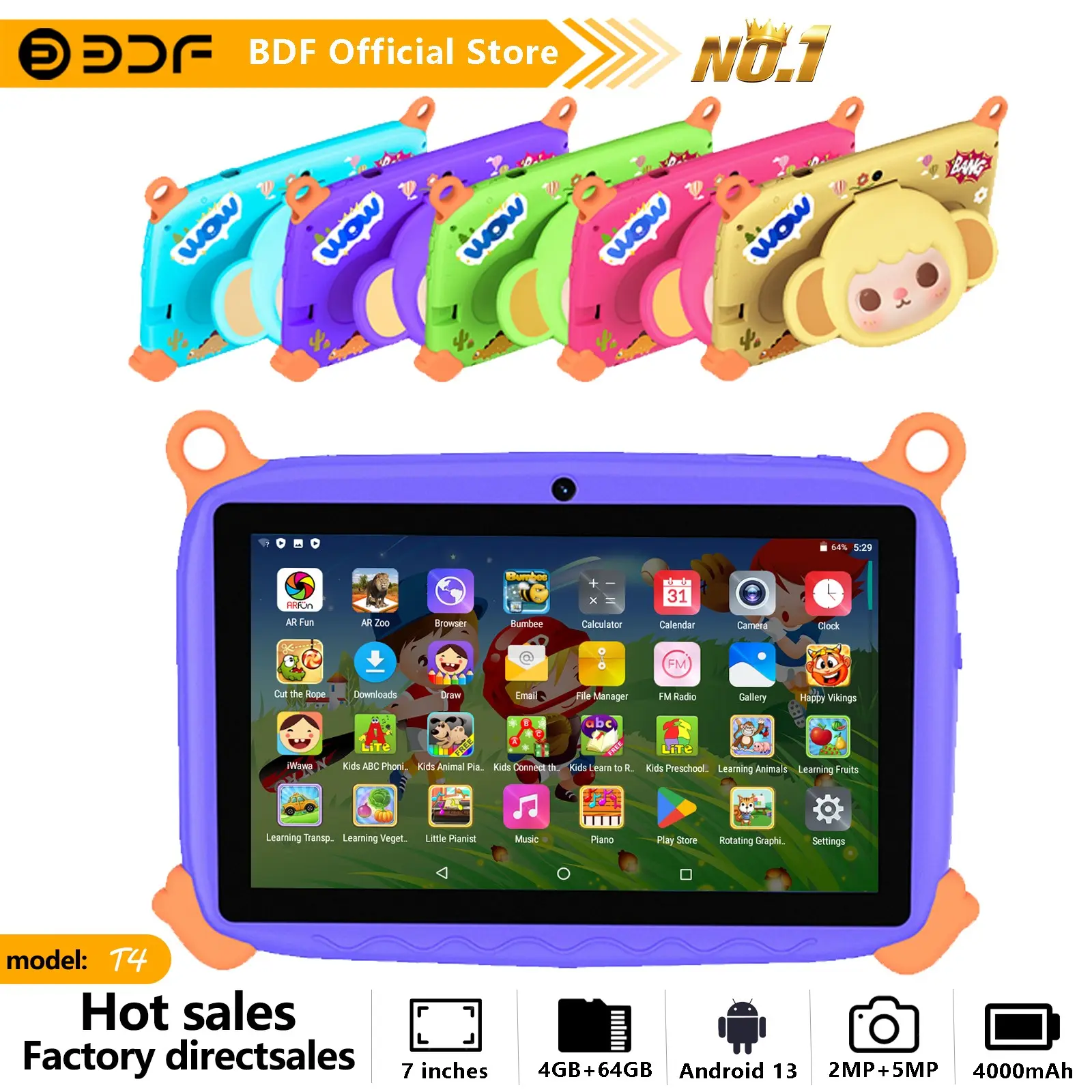 Bdf 7-Inch Android 13 Tablet with Education Software, USB Charging, Quad-Core Processor, 4GB RAM, HD IPS Display, 64GB Storage, 4000mah Battery