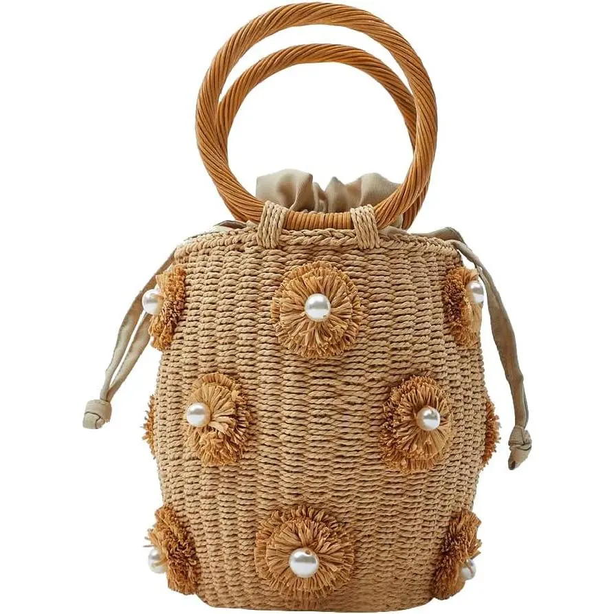 Floral Beaded Rattan Handbag, Summer Beach Drawstring Straw Bucket Bag, Rhinestone Embellished Woven Handbag