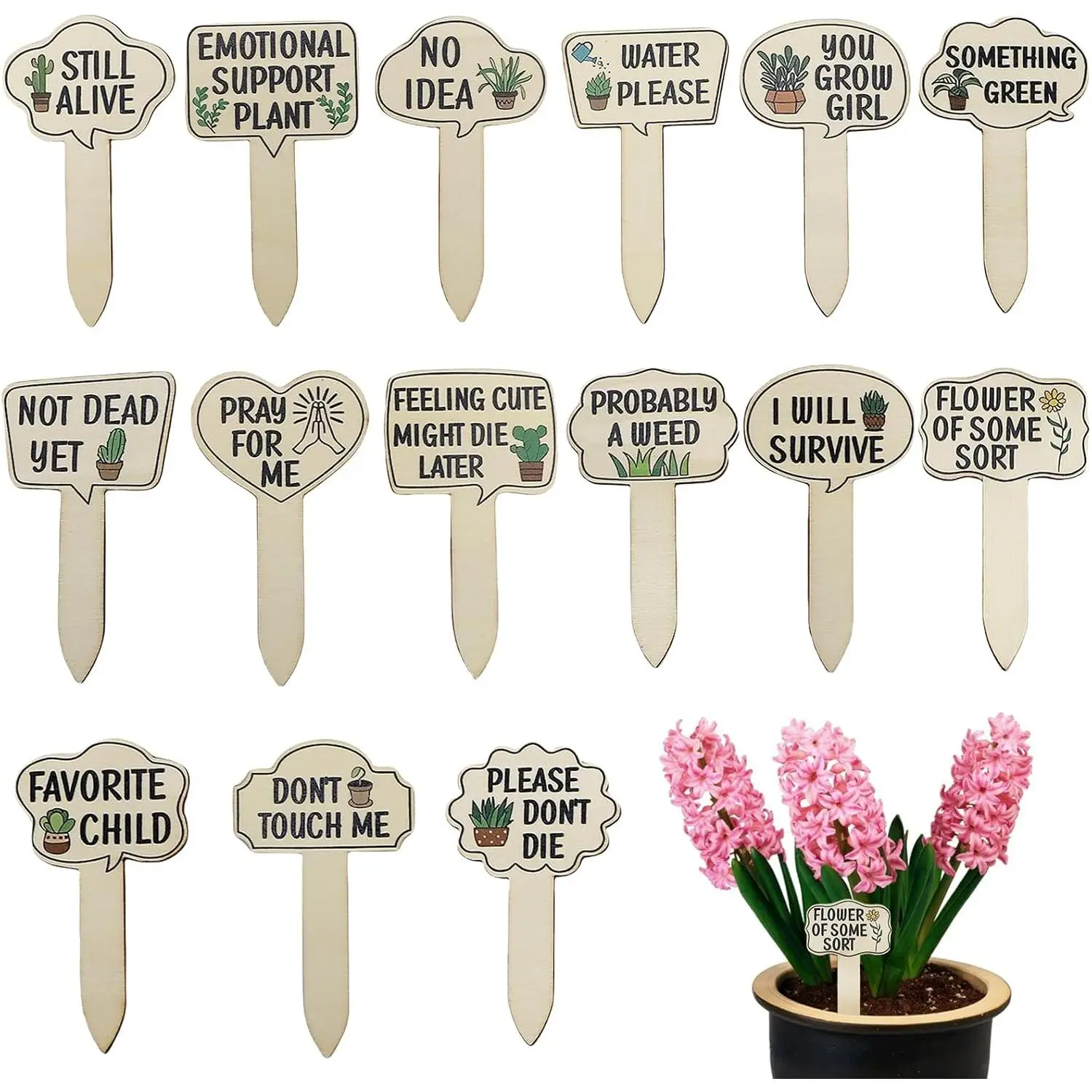 15-Count Funny Phrases T-Shaped Wooden Garden Markers Set with Cute Patterns & Triangular Base, Cute Tab Labels for Gardening Enthusiasts for Organizing Indoor, Outdoor Potted Plants