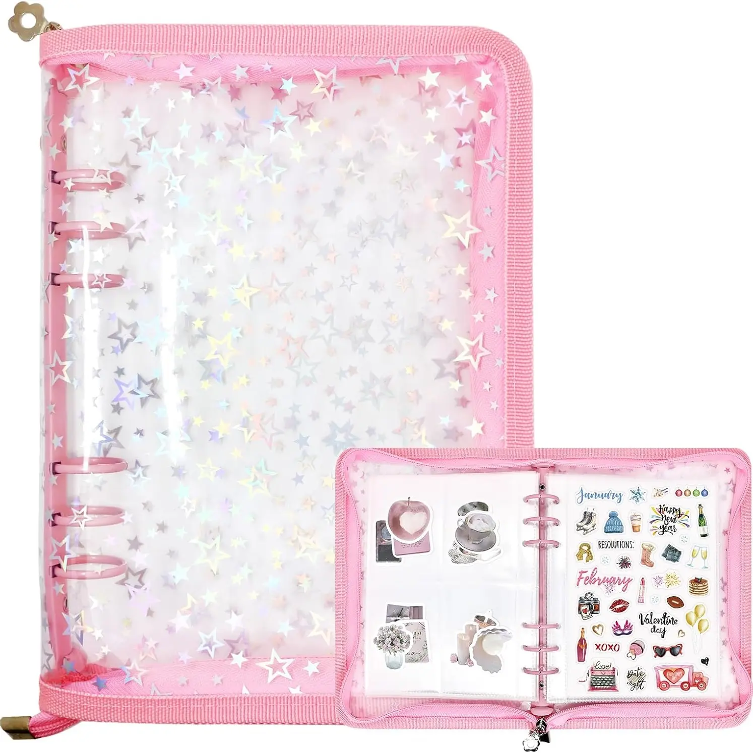 Sticker Storage Organizer, Small A5 Sticker Collecting Book Album Holder Binder with Cover, 80 Pockets Sleeves and 10 Sheets Reusable Release Paper, Glitter Stars
