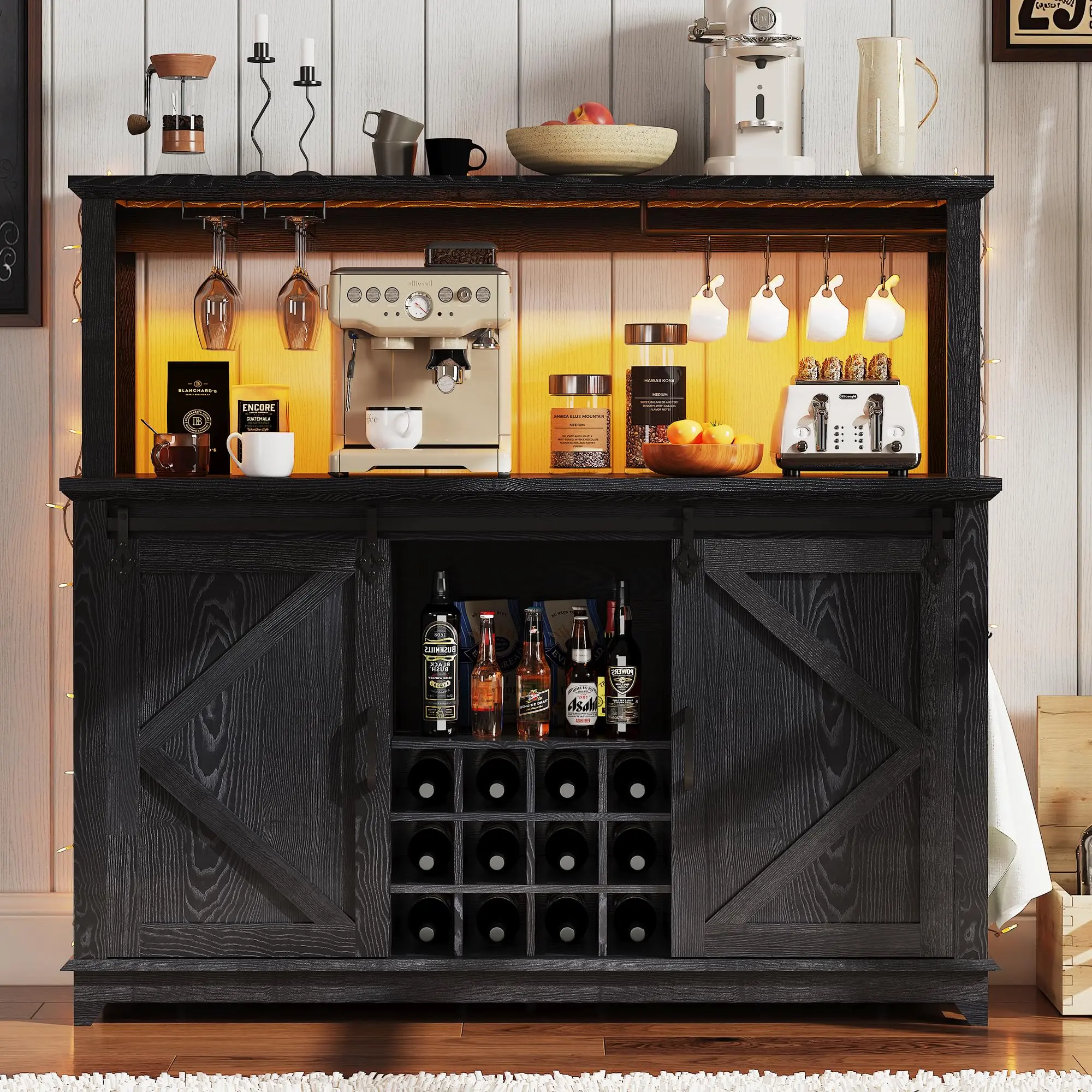 55-Inch Farmhouse Coffee Bar Station Cabinet with Power Outlet, LED Light, Sliding Barn Door, Storage Drawers & Wine Glass Rack for Home Kitchen Buffet Hutch