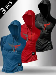 Men's Bull Head Print Hooded Vest, Fashionable Sleeveless Top, Ideal for Summer Fitness Outdoor Cycling, Casual Fitted Design, Workout Vests