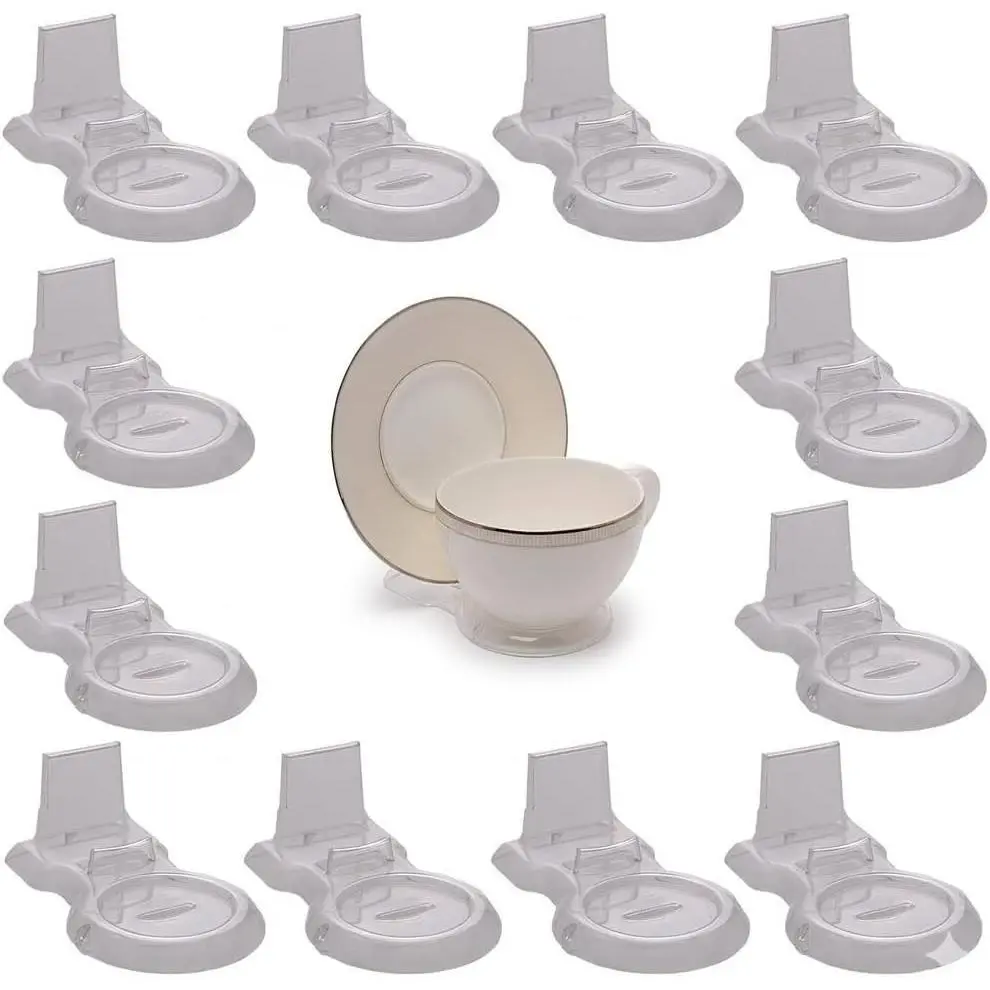 12 Pack Acrylic Teacup Stand Stackable Cup & Saucer Holder Clear | Clear stackable acrylic stands organize and display teacups, coffee mugs and saucers in cabinets or shelves.