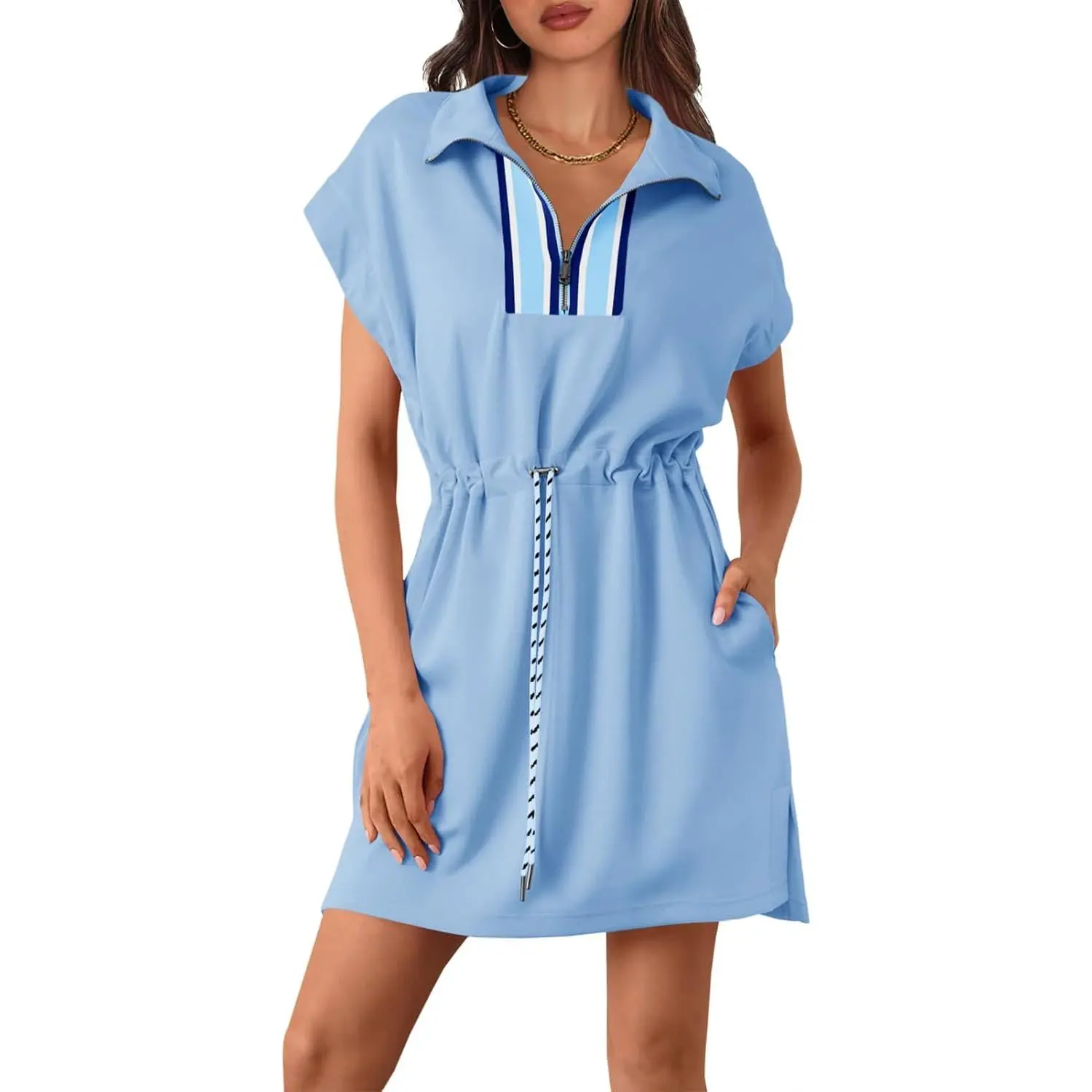 Imily Bela Womens Short Sleeve Mini Dress Summer Quarter Zip V Neck Casual Sweatshirt Dresses with Drawstring Waist