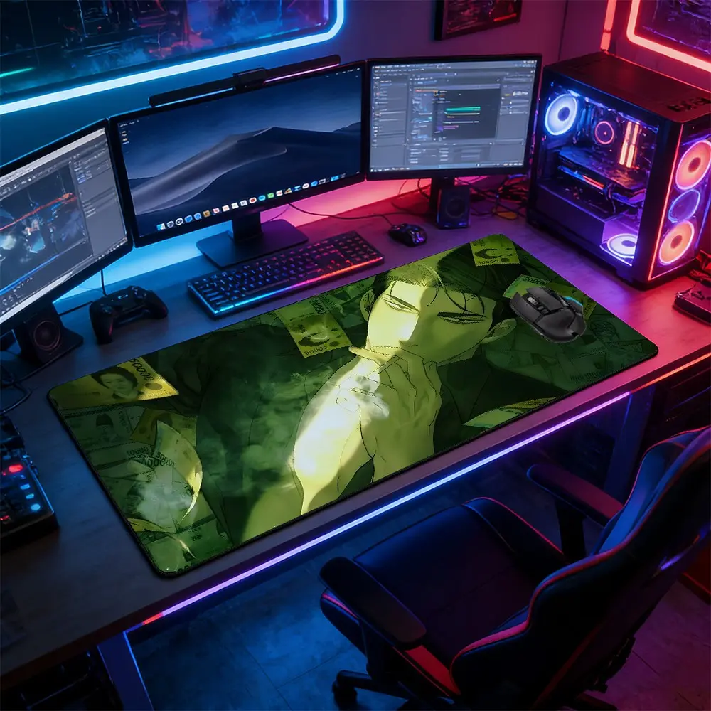 Green Tone Anime Character Large Extended Gaming Mouse Pad, Non-Slip Rubber Base Stitched Lock Edge Desk Mat, Stylish Money Pattern Artistic Design Desk Pad, Durable Computer Accessory for Home Office & Gaming Setup, Perfect Gift for Gamers & Anime Fans