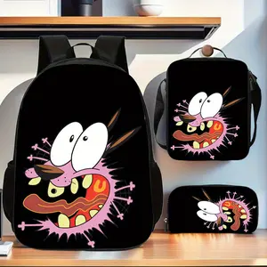 Courage the Cowardly Dog Crazy Beaver Big Mouth Cartoon Three-Piece School Bag Set, featuring a backpack, insulated lunch bag, and pencil case, suitable for teenagers' daily school use