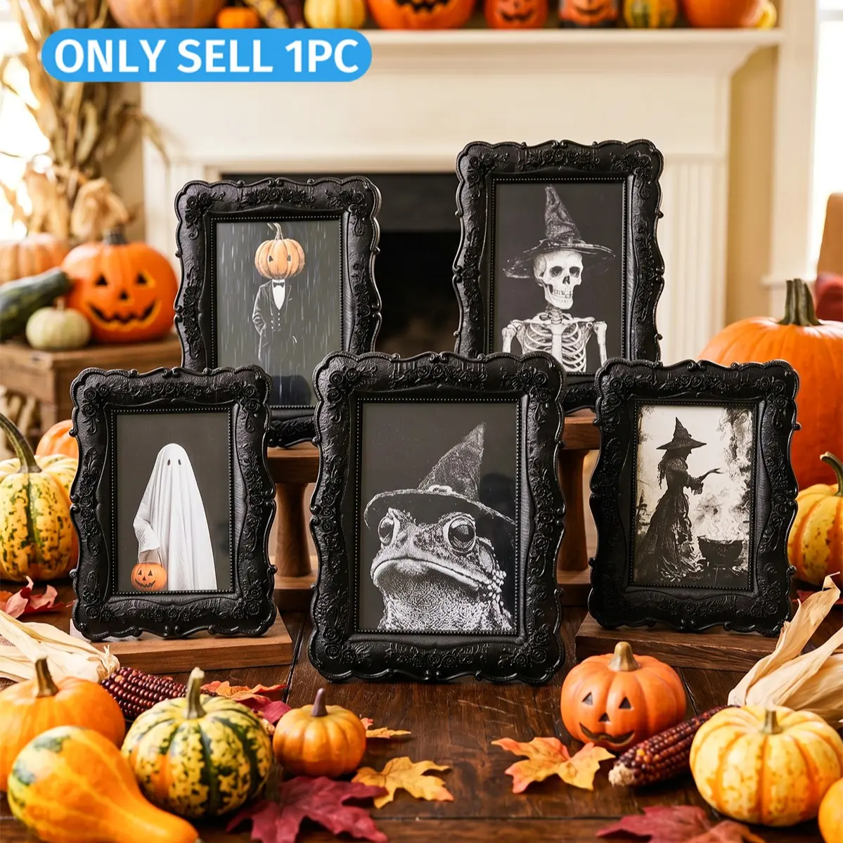 Halloween Witch Skull Ghost Theme Decoration Frame, Resin Rose Carving Desktop Photo Frame, Gothic Gift for Halloween & Birthdays