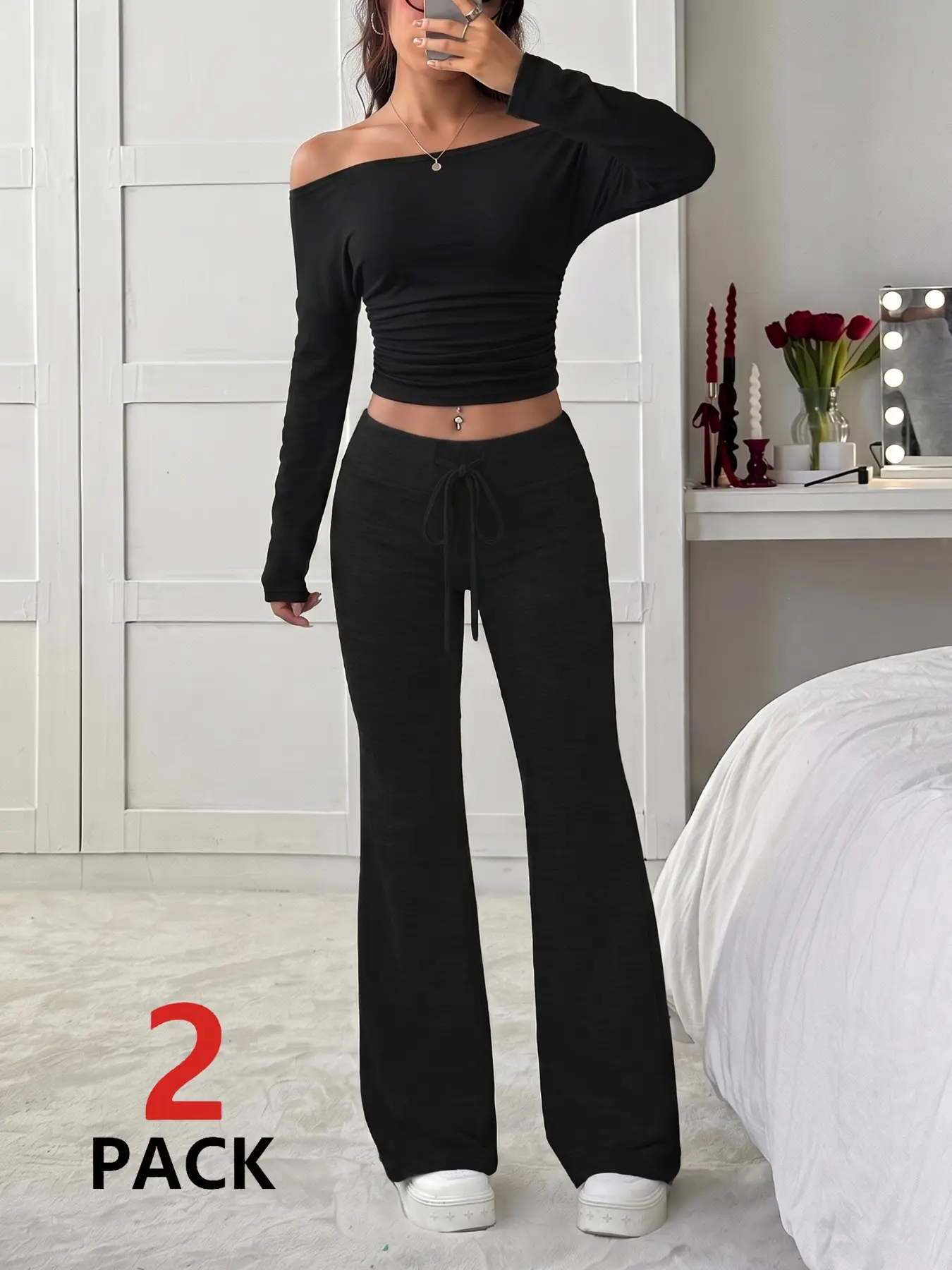 2pcs/Set Women's Black Asymmetrical Shoulder Sweatshirt & Flared Sweatpants