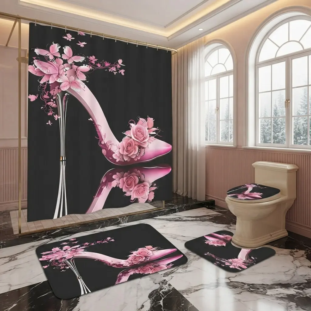 Elegant Pink High Heel Shower Curtain Set – Chic Floral Rose & Butterfly Design on Black Background, Glamorous Bathroom Decor for Valentine’s Day, Mother’s Day & Feminine Style Enthusiasts