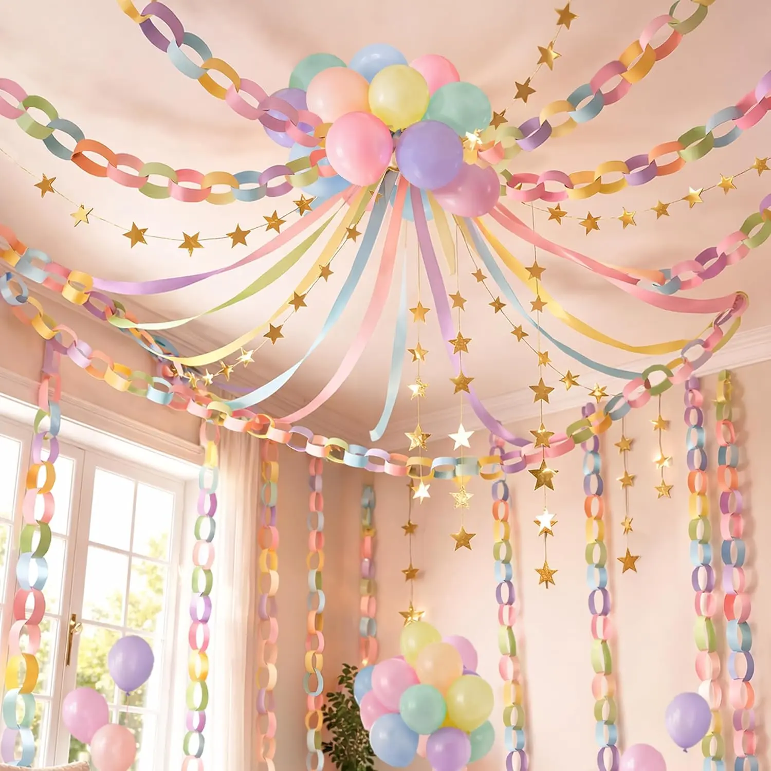 Pastel Birthday Party Decorations Kit with Crepe Paper Streamers, Sheets Paper Chain Strips, Gold Star Garland and  Pastel Balloons for Hanging Decor
