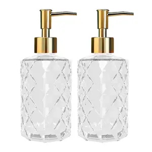 2-Pack 330ml Transparent & Golden Glass Press Bottle Soap Dispenser, Bathroom & Kitchen Accessory with Recessed Cap Pump Top, for Hand Soap, Shampoo & Lotion Home Use, Shampoo Dispenser