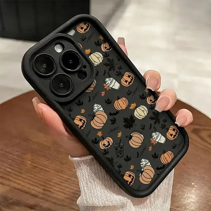 Halloween Print TPU Silicone Shockproof Phone Case - Spooky Pumpkin, Iced Coffee, Bat, Maple Leaf Designs, Full Wrap Fit for iPhone 17-11 Series (Plus, Pro, Max), Neutral Autumn Trendy Gift