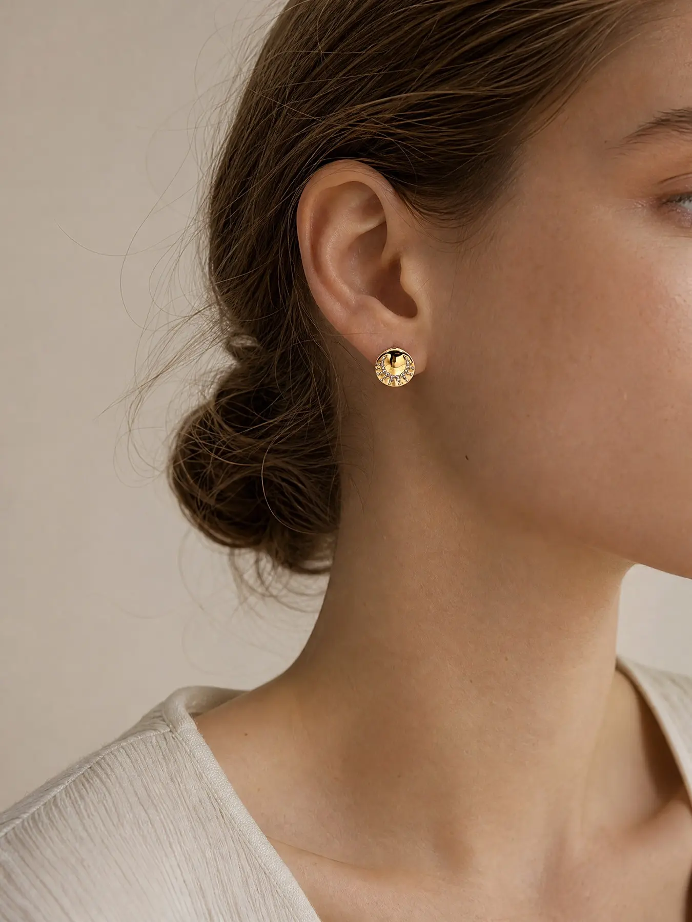 Designer Domed Gold Stud Earrings Scattered Tiny Crystals Versatile Jewelry For Work Party Anniversary Gift Giving