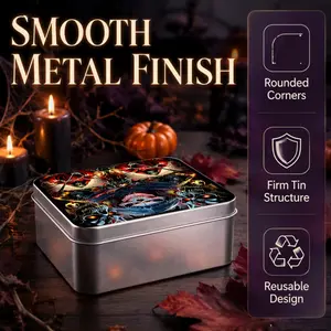 Halloween Gothic Skull Demon Print Metal Storage Tin Box, Smooth Rounded Corners Reusable Dustproof Mini Container, Portable Storage Case for Candy Jewelry Stickers, Halloween Party Favor Gift for Family Friends Classmates