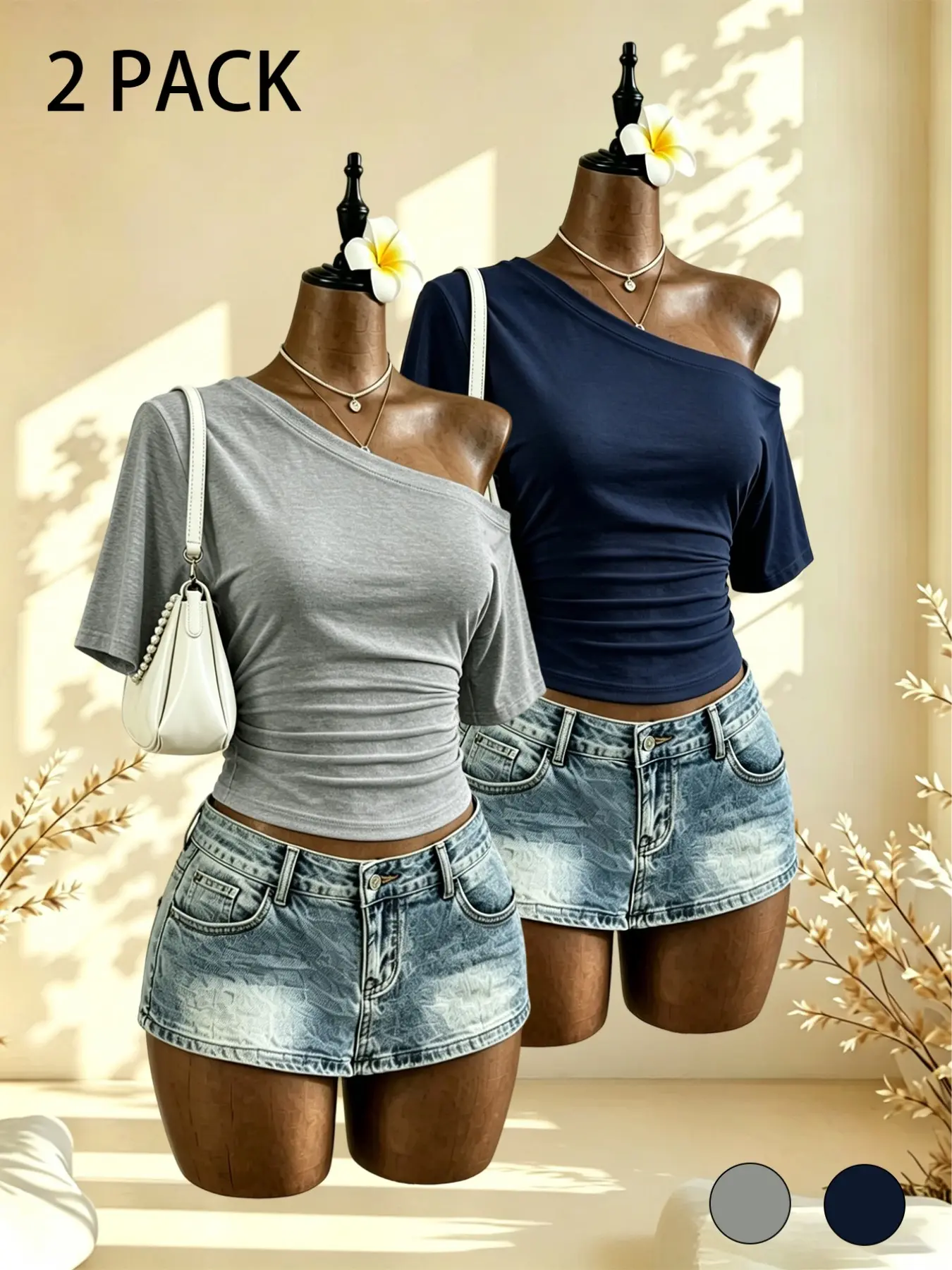 Two-Pack Women's Solid Color T-Shirts, Off-The-Shoulder Short Sleeve, Casual Slim-Fit, Perfect for Daily Wear, Outdoor Activities, Multiple Colors Available
