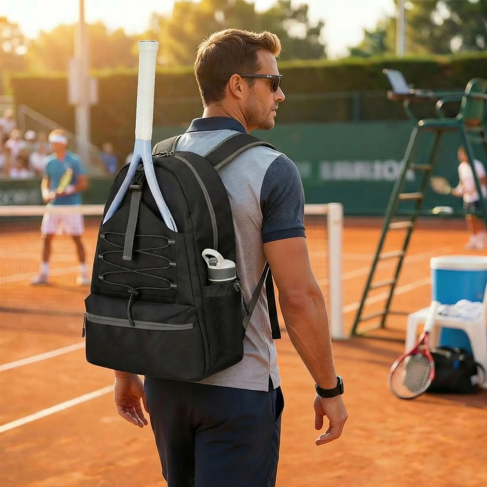 High-quality Tennis Backpack for 2 Rackets – Large Capacity Water-Resistant Bag with Ventilated Shoe Compartment, Multiple Pockets, Fence Hook – For Men & Women – Black, 52x40x23cm