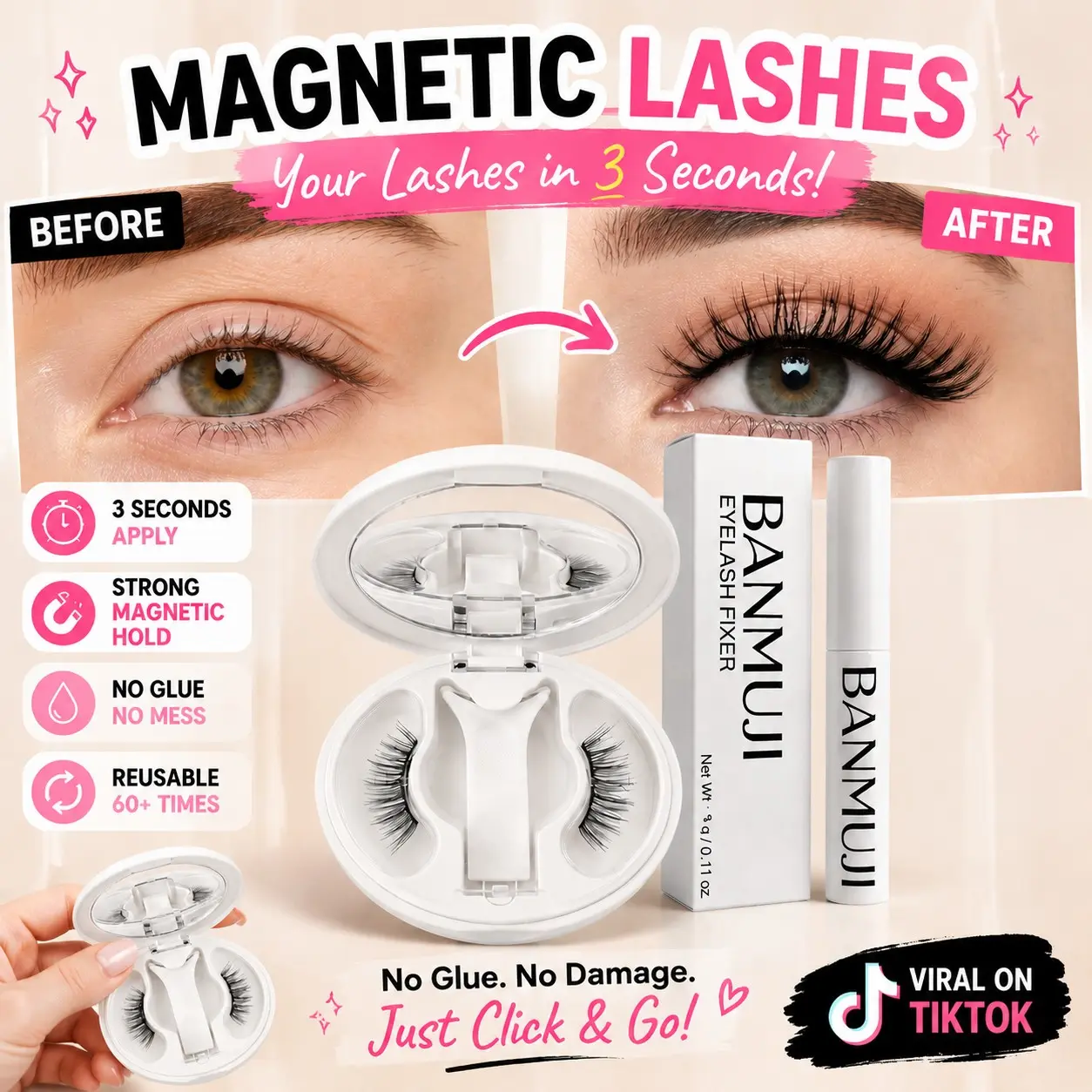 BANMUJI Magnetic False Eyelashes with Applicator – Natural Manga Style Makeup, No Glue Needed, Reusable Soft Magnetic Lashes Kit, Easy to Apply for Beginners（MJ01）