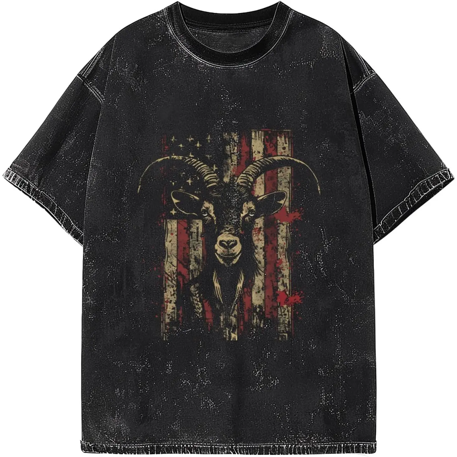 Vintage Wash Goat Graphic Tee Acid Wash Aesthetic Premium Cotton Tshirt Flag Animal T Shirt Women Short Sleeve Crewneck Top Fun Gift Men Loose Casual Top Oversized Summer Outfit