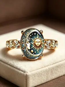 18K Gold Tone Plated Vintage Sun & Moon Goddess Pattern Ring, Side Inlaid Imitation Crystal Women Band, Mystic Cosmic Astrology Jewelry, Ideal Gift For Her on Birthday & Valentine’s Day
