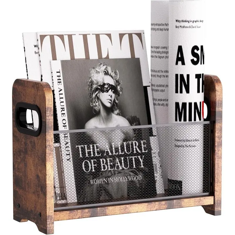 Wood Frame Mesh Magazine Holder Rack |   Retro Brown File & Book Storage Basket, Multi-Scene Floor & Desktop Organizer |   DeskTok Vintage Workspace Declutter Essential for Magazines, Newspapers, Office Paper & Study Room Tidying