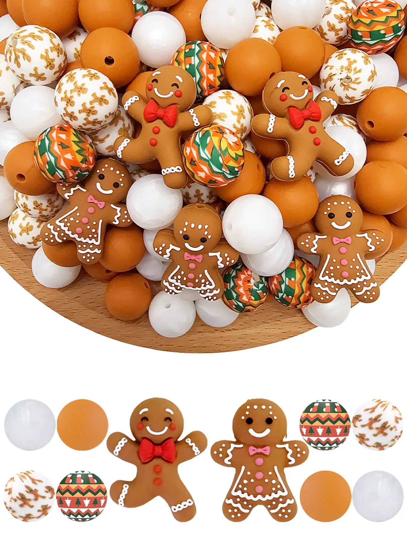 34pcs Gingerbread Man Silicone Beads Set, Christmas Theme, DIY Jewelry Making, Perfect Gift, Warm and Cream Colors